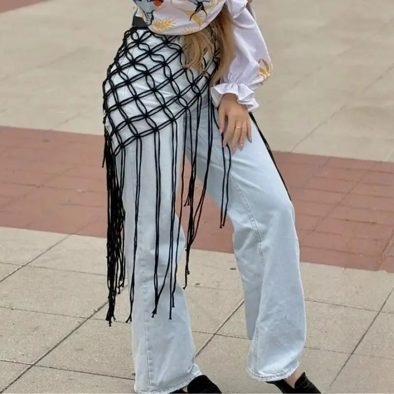 jupes boho chic noires blanches filet franges polyester femme plage echangement