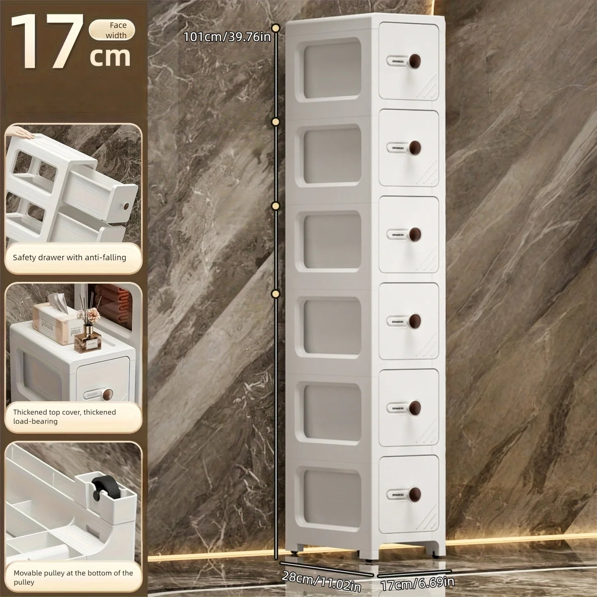 meuble rangement blanc moderne tiroirs transparents rayures diagonales noires pliable porte bouteilles cosmétiques