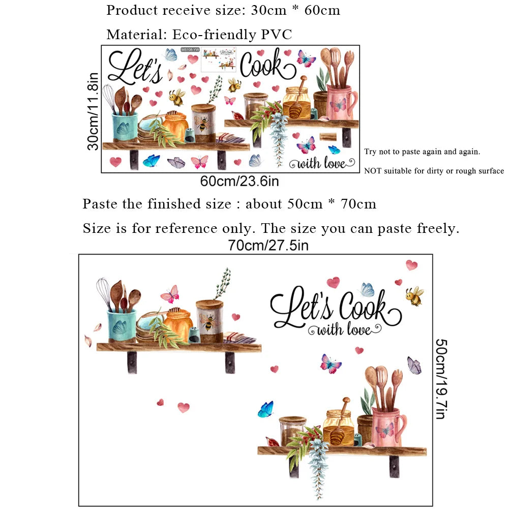 stickers muraux cuisine ustensiles papillons coeurs let's cook illustration adhésif multicolore rustique decoration