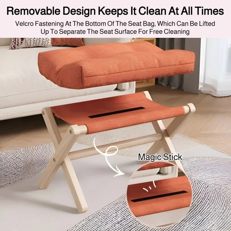 tabouret pliable bois naturel coussin amovible moderne minimaliste tissu uni couleur beige orange