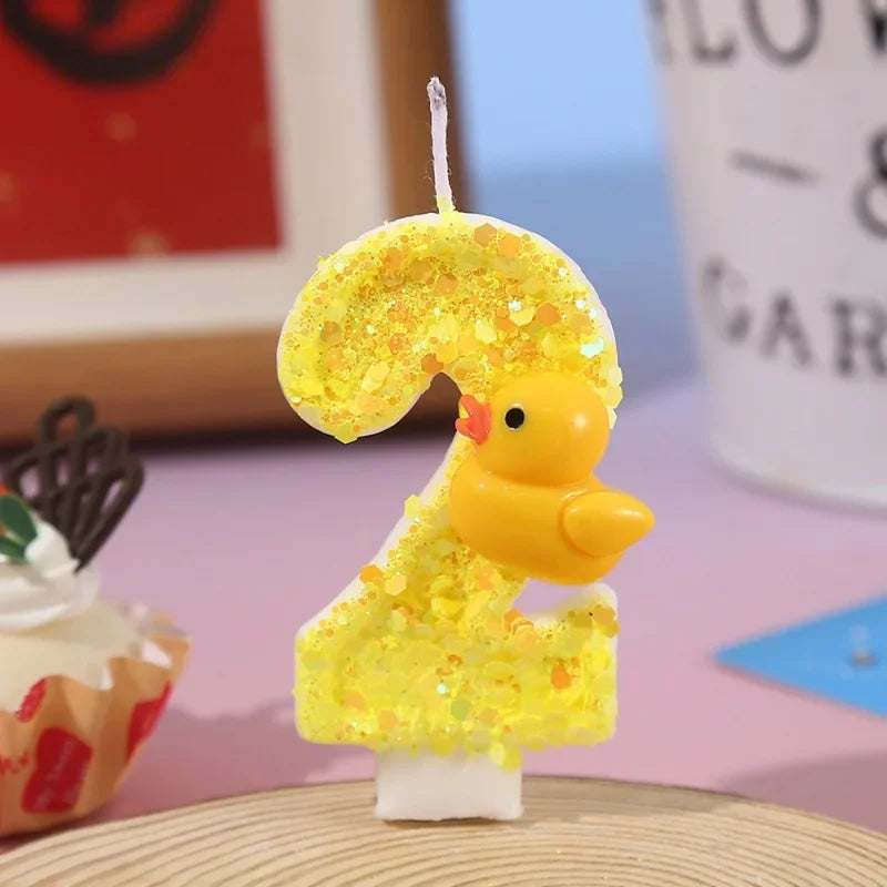 bougies chiffres canard jaune paillettes dorées anniversaire décoration enfantino festive opaques