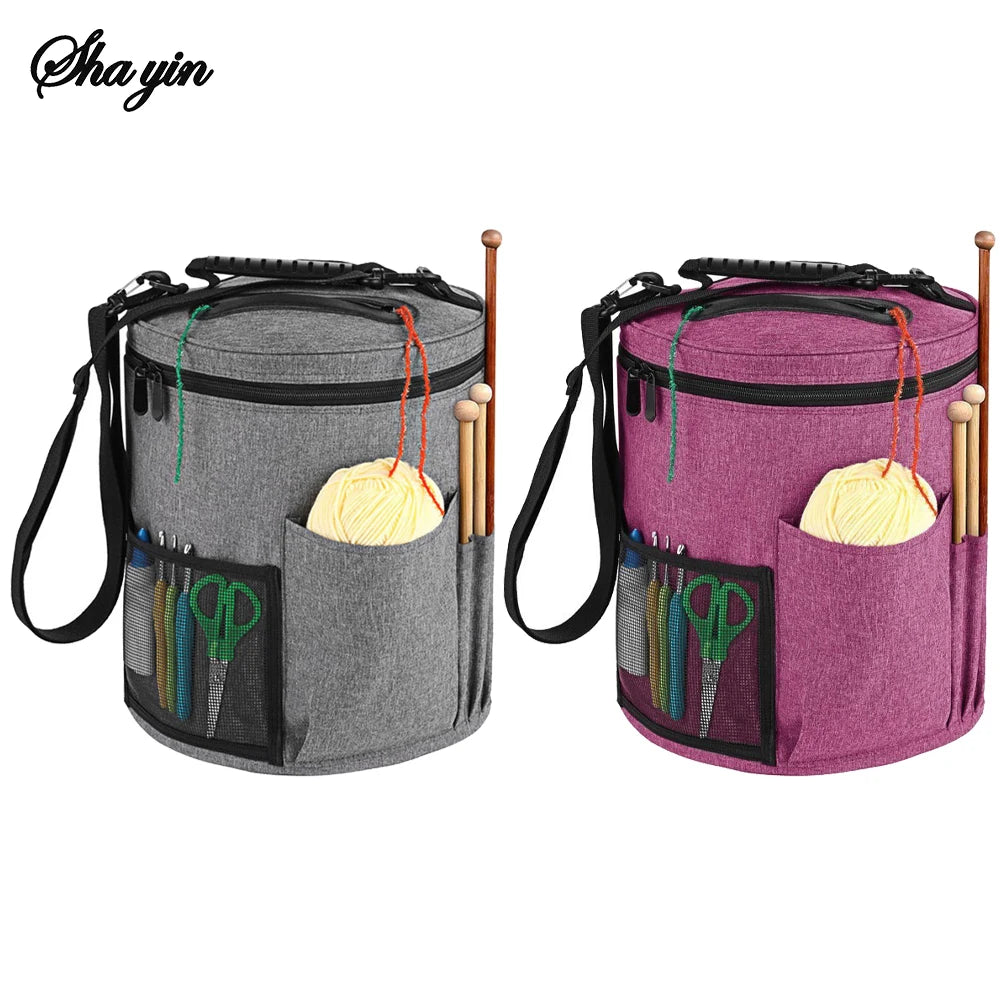 sac rangement tricot crochet gris violet toile épaisse poignée glissière crochets scies fil accessoires