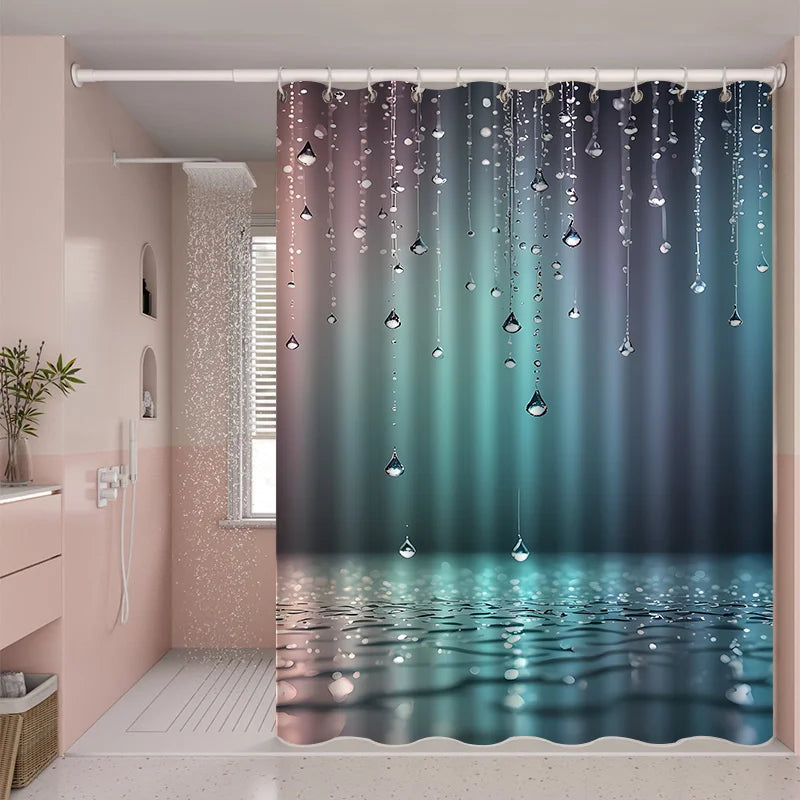 rideau douche moderne multicolore effet gouttes d'eau opacité anneaux suspension crochets durables