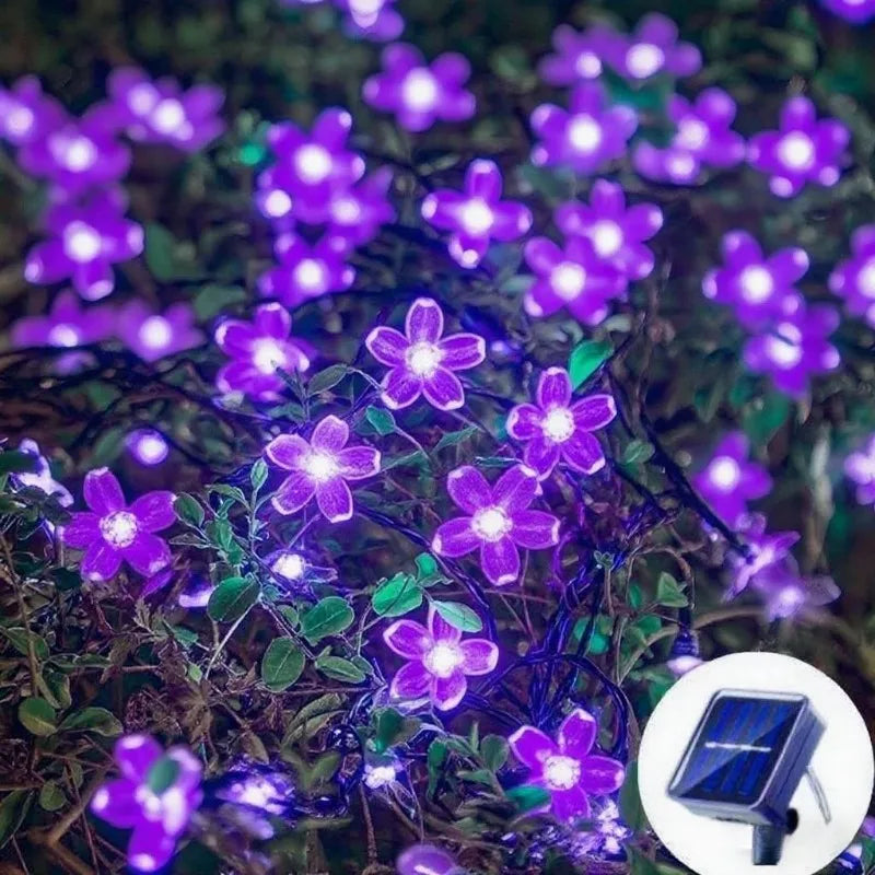 guirlande lumineuse solaire fleurs violet bleu moderne clips extérieur led imperméable 100leds 12m