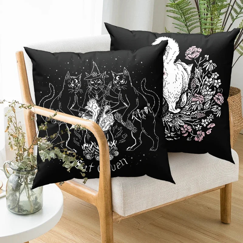 coussin carré noir chat mystérieux pentagramme décoration lit salon motif artistique textile polyester décoratif