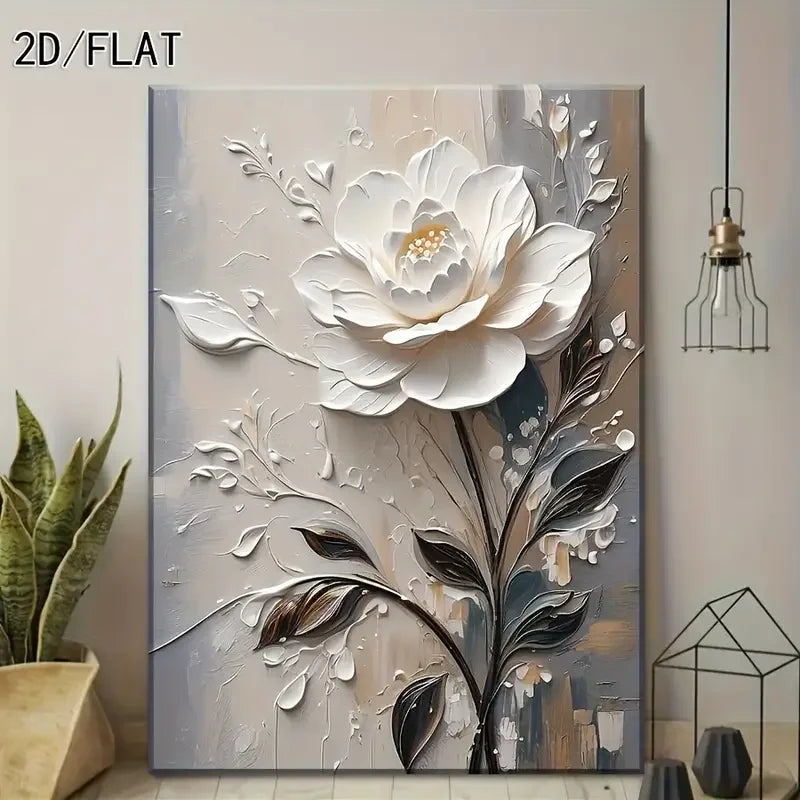 toile d'art floral peinture huile fleur blanche feuilles vertes sans cadre