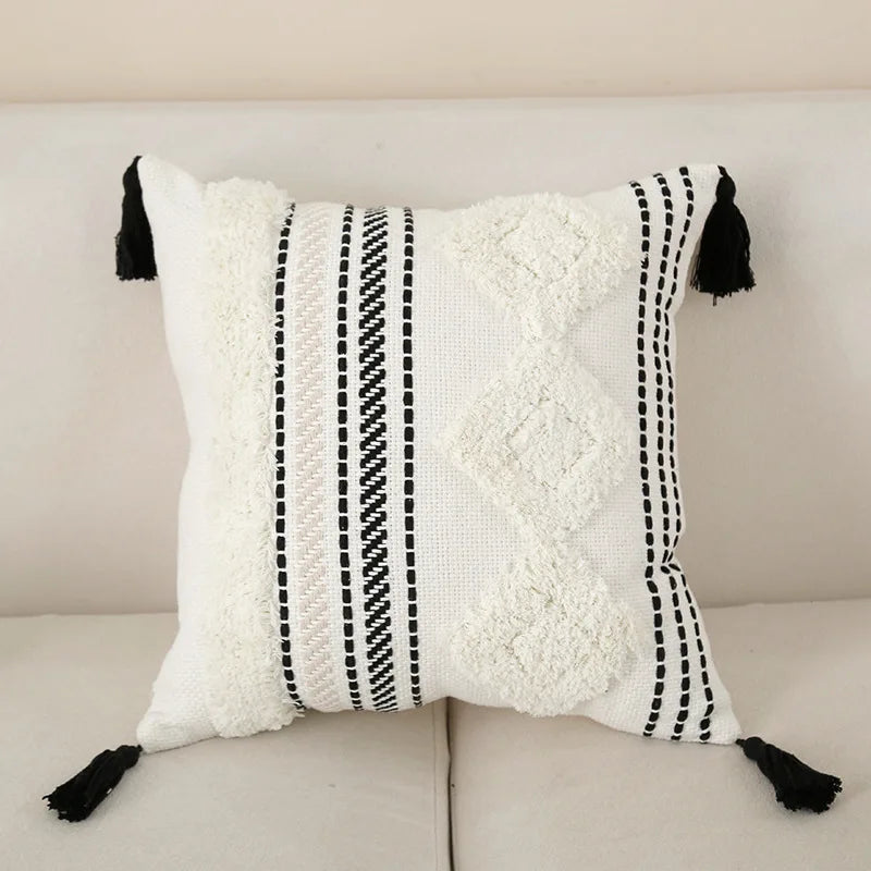 coussin carré boho noir blanc motif géométrique tassel polyester amovible lavable
