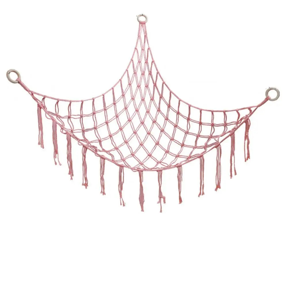 filet suspendu rose blanc maille régulière franges anneaux métalliques réutilisable créatif artisanal