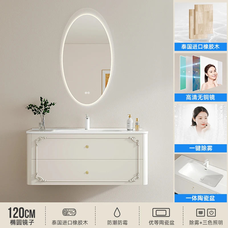 meuble salle bain noir blanc tiroirs vasque ornements dorés classique fixations murales accessoires cosmétiques