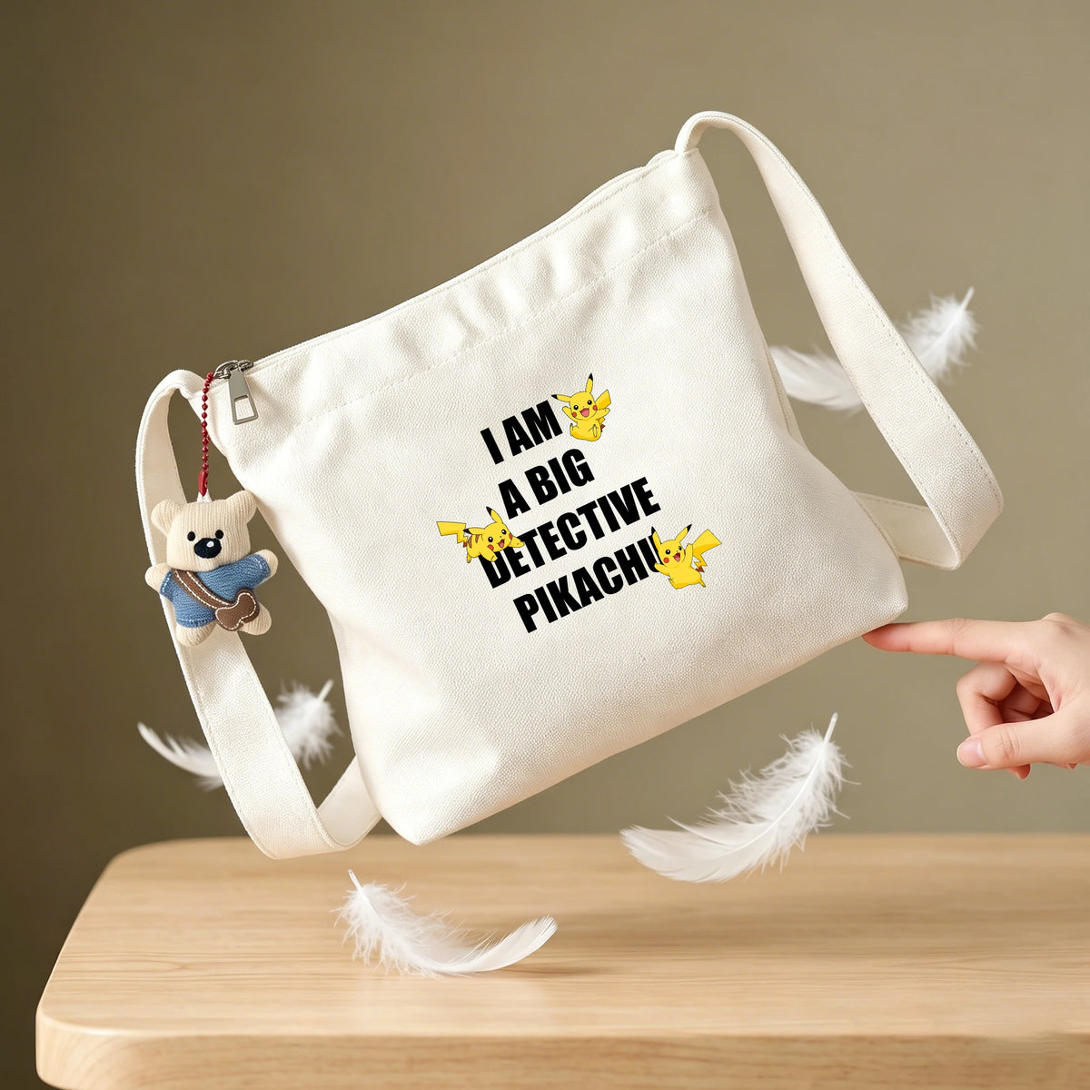 sac bandoulière toile blanc pikachu anime ours peluche grande capacité sac main