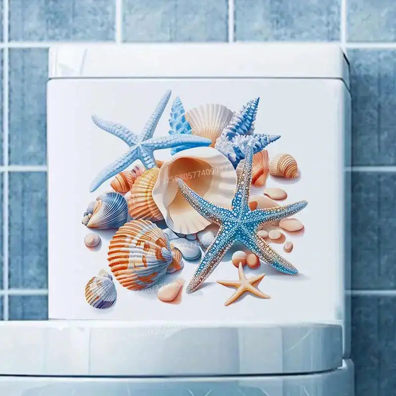 autocollant mural decoratif coquillages etetoilesmer bleuorange beige blanc adhésif salon refrigérateur
