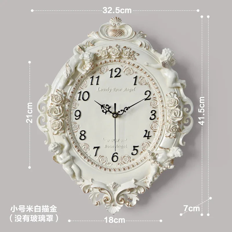 horloge murale baroque motif floral angelique blanc salon decoration aiguille quartz résine unique