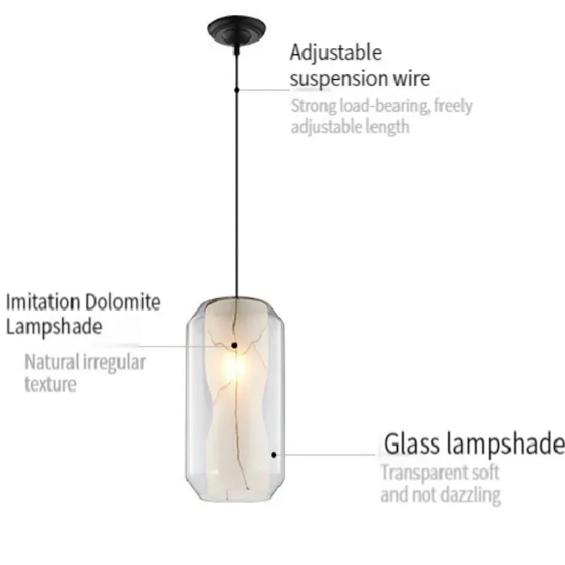 lampe suspendue moderne blanc gris texture dolomite câble ajustable led verre transparent chambre salon