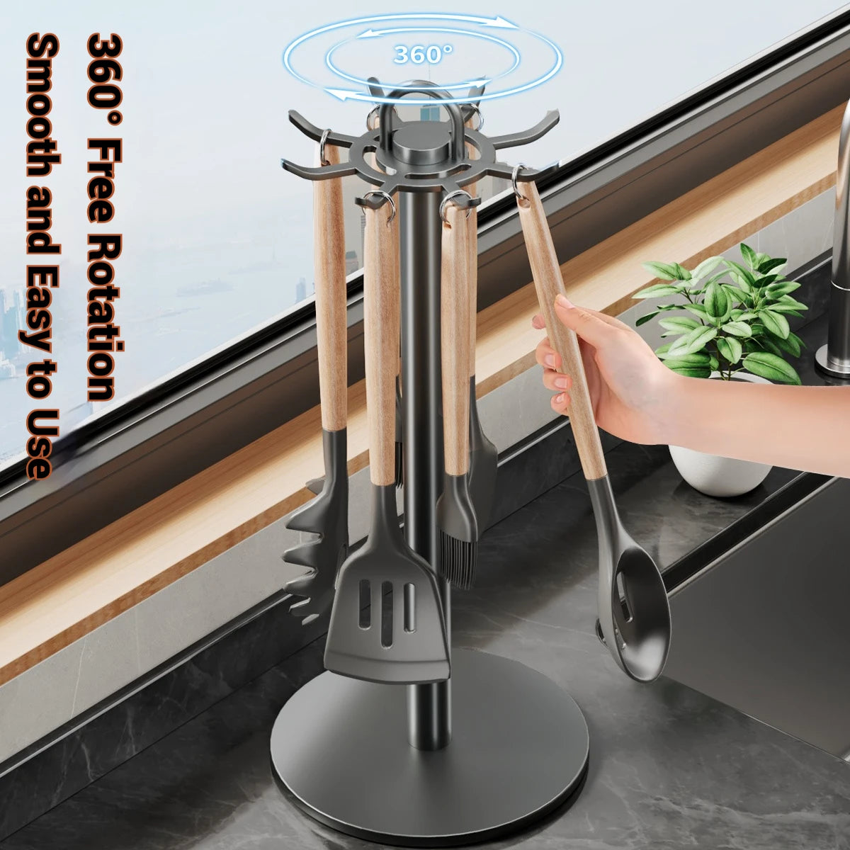 supports cuisine rotatifs spatules bois métal gris modernes organisation comptoir