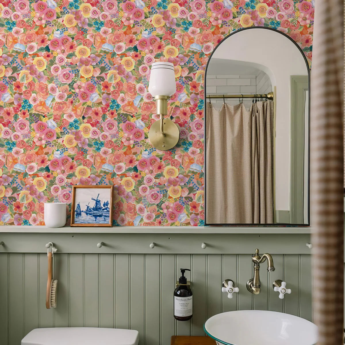 papier peint fleurs colorées moderne résistant humidité autocollant rose jaune vert bleu blanc salon