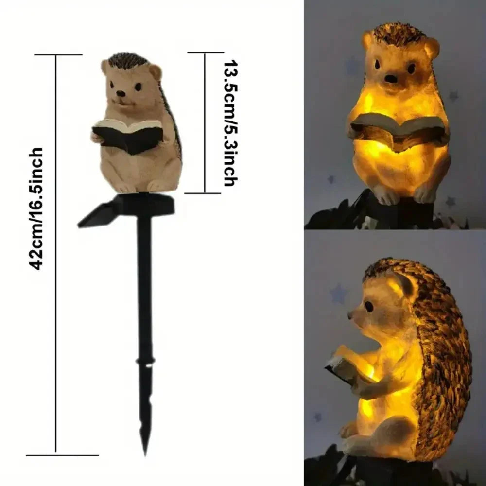 lampe solaire décorative animaux résine lapin hérisson livre tringle métallique extérieur ambre verte marron