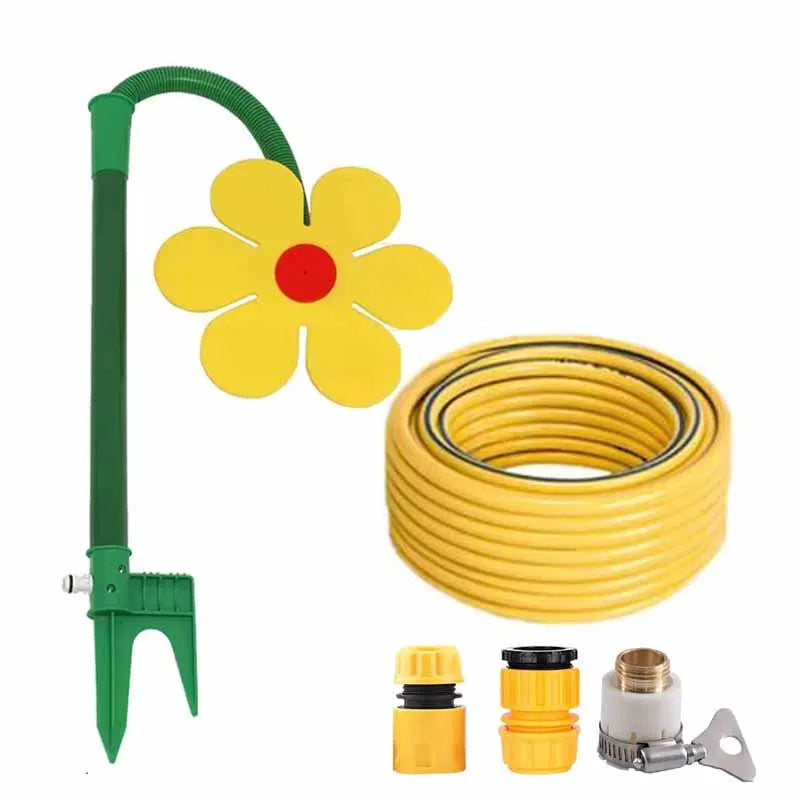 sprinkler jardin fleurs stylisées couleurs vert jaune rouge moderne fixations crochet métallique filtre eau