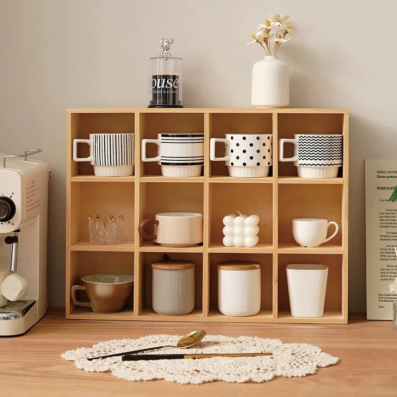 étagère modulaire bois naturel moderne 12 compartiments vases céramique bougies figurines boîte thé tasse