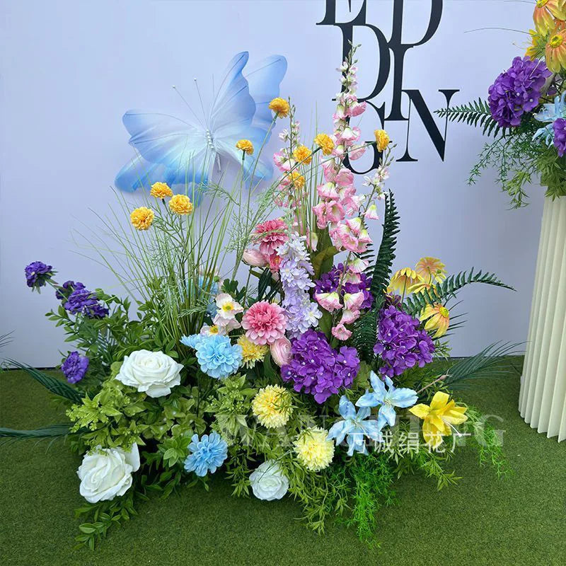 décoration extérieure bouquet artificiel fleurs violet blanc rose jaune bleu feuilles vertes moderne
