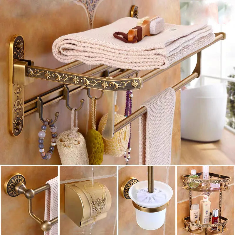 porte serviettes mural bronze floral classique vis fixations bain hygiène produits cosmétiques flacons