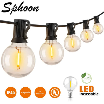 Guirlande lumineuse LED avec ampoules G40 rondes incassables suspendue dans un jardin