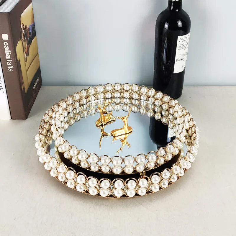 plateau decoratif blanc doré miroir classique clips assiette rond verre