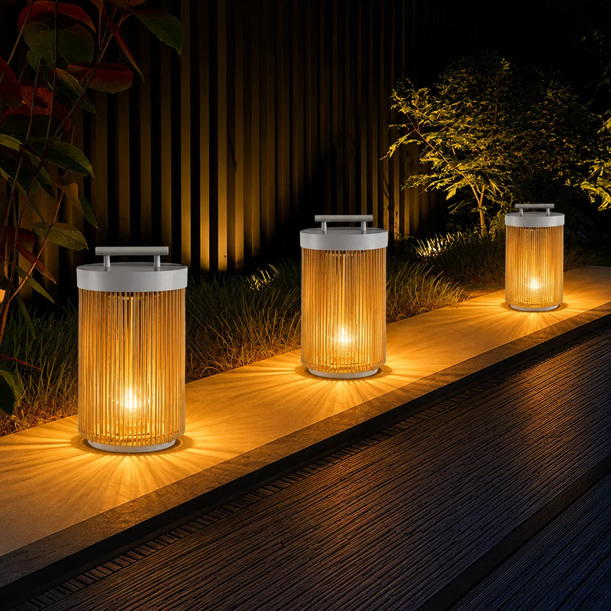 lampe solaire jardin moderne marron clair blanc rayures verticales étanche ip65 led allée patio