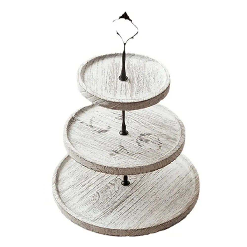 présentoir gâteaux trois étages texture bois rustique gris brun marron fixations métal vintage pain