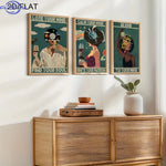 affiches murales vintage illustrées personnages accessoires bois opaques abstrait vert blanc noir rose bleu