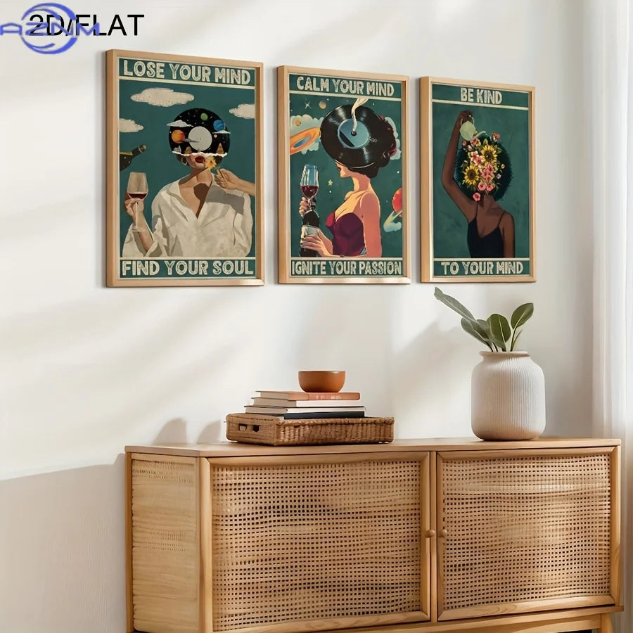 affiches murales vintage illustrées personnages accessoires bois opaques abstrait vert blanc noir rose bleu