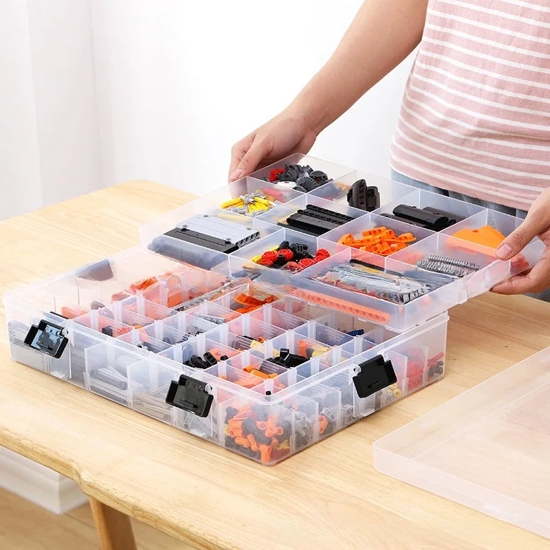 organisateur transparent rangement modular compartiments pieces lego tiges engrenages boites plastique noir pratique utilitaire