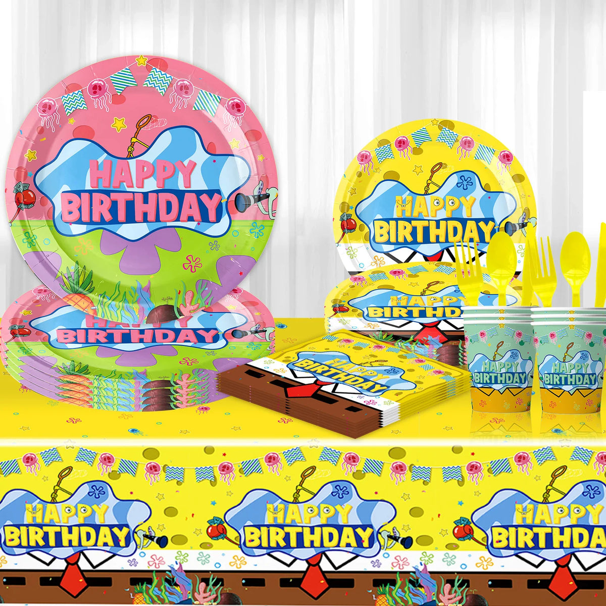 assiettes papier multicolore festives ballons poissons étoiles nappe serviettes gobelets thème anniversaire enfants