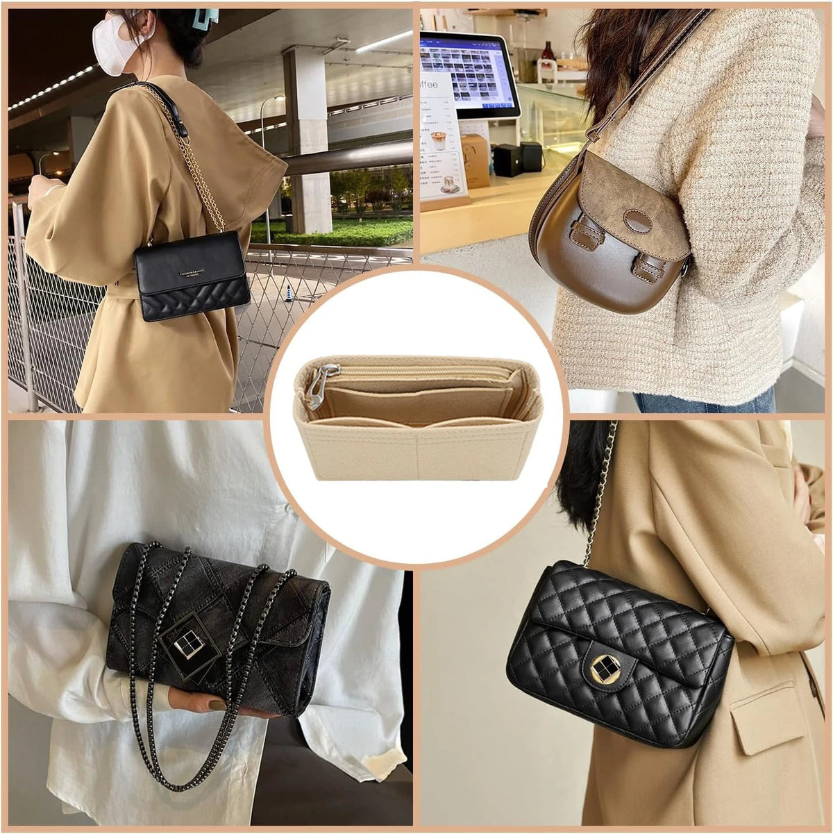 organisateur sac main réutilisable simili cuir bleu clair beige vert marron classique poche intérieure