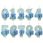 bougies anniversaire chiffres paillettes bleues rubans décoratives festives numérotées blanc