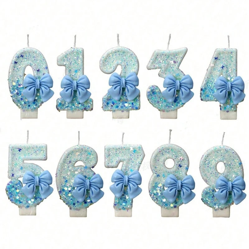 bougies anniversaire chiffres paillettes bleues rubans décoratives festives numérotées blanc