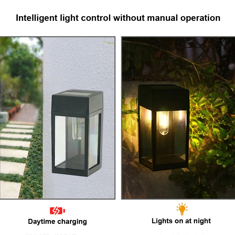 lampe murale solaire led moderne noire transparente éclairage extérieur hydrofuge autonomie warm light