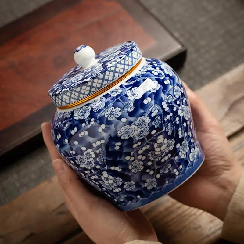 pot thé céramique bleu marine blanc fleurs dorées couvercle classique