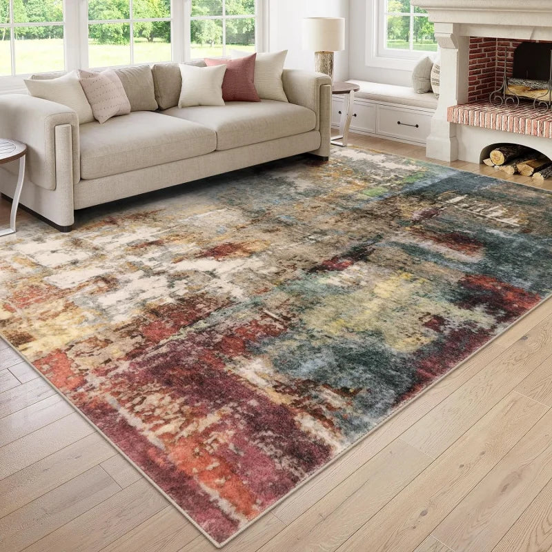 grand tapis moderne patchwork abstrait salon chambre cuisine lavable intérieur gris vert beige rouge