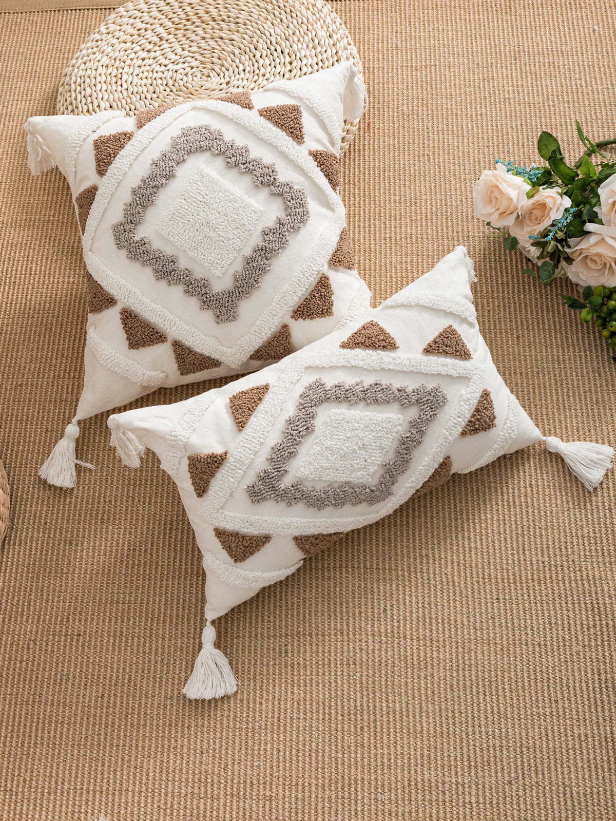 housse coussin géométrique bohème polypropylène blanc marron rose tassel adhésif salon chambre lit voiture