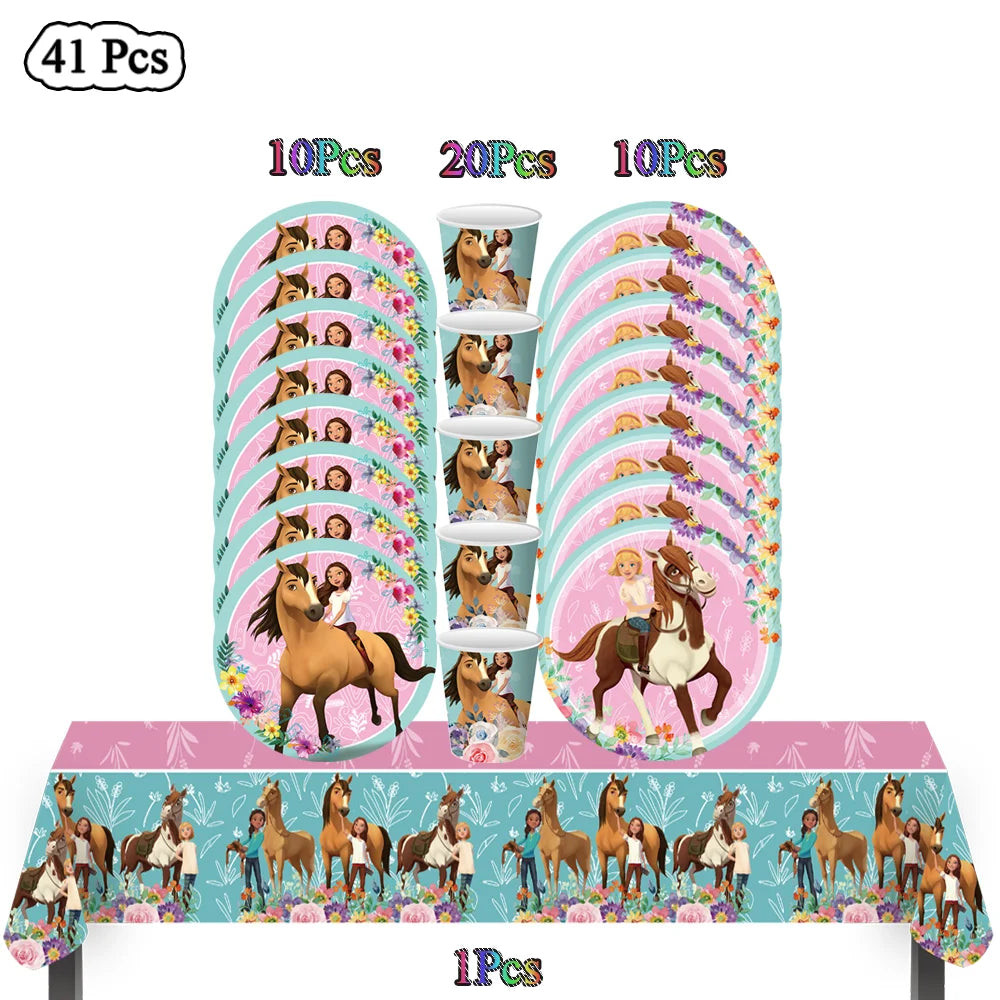 assiettes anniversaire chevaux filles fleurs nappe table enfant illustration mariage noël fêtes