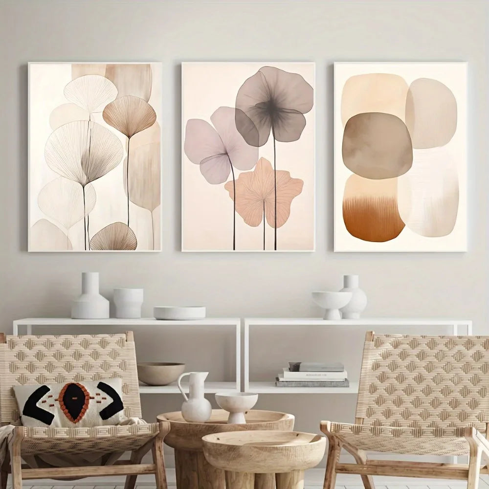toiles d'art abstrait géométrique minimaliste contemporain beige marron gris rose pâle sans cadre trois