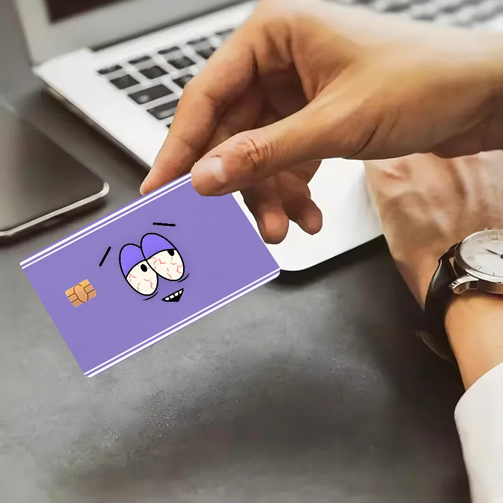 film autocollant carte bancaire violet dessin animé sourire réutilisable étanche