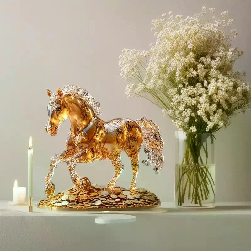 décoration moderne cheval transparent ambré or pièce d'or vase bougie plante verte table chambre