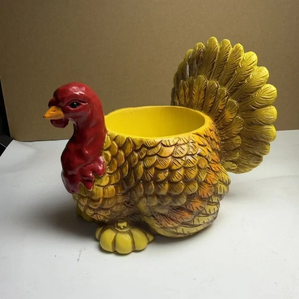 cache pot forme dinde rouge jaune marron plumes artisanal plante intempéres automne résistant
