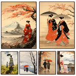 Cette série d'illustrations japonaises traditionnelles dépeint des scènes de la vie et des paysages typiques de cette culture, mettant en vedette des figures élégantes en costumes colorés dans des décors naturels.
