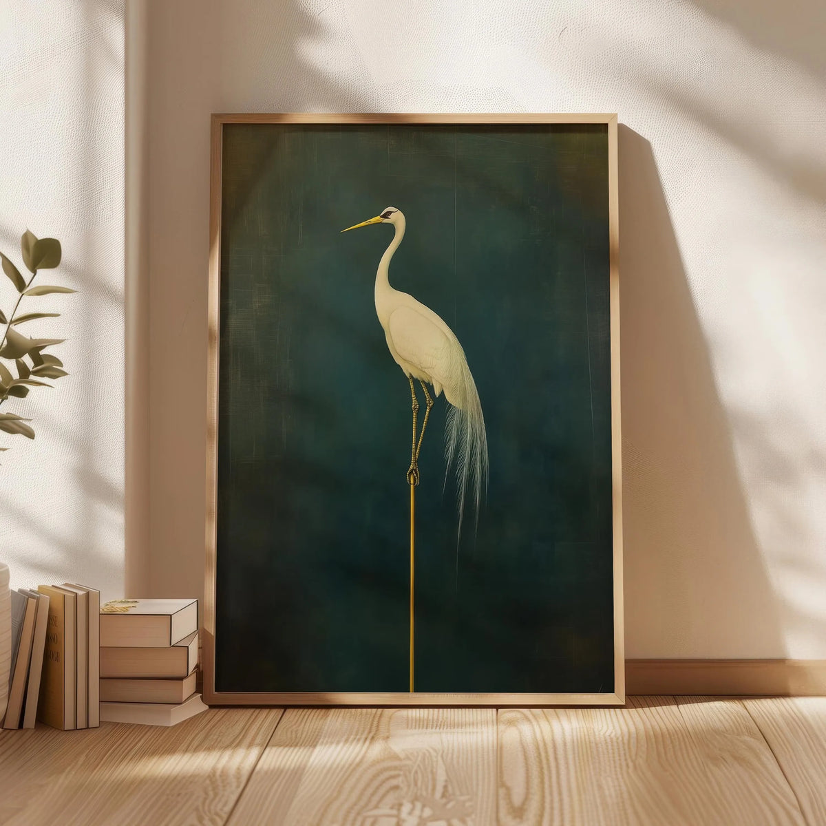 tableau toile oiseau blanc fond vert foncé beige clair moderne salon dortoir
