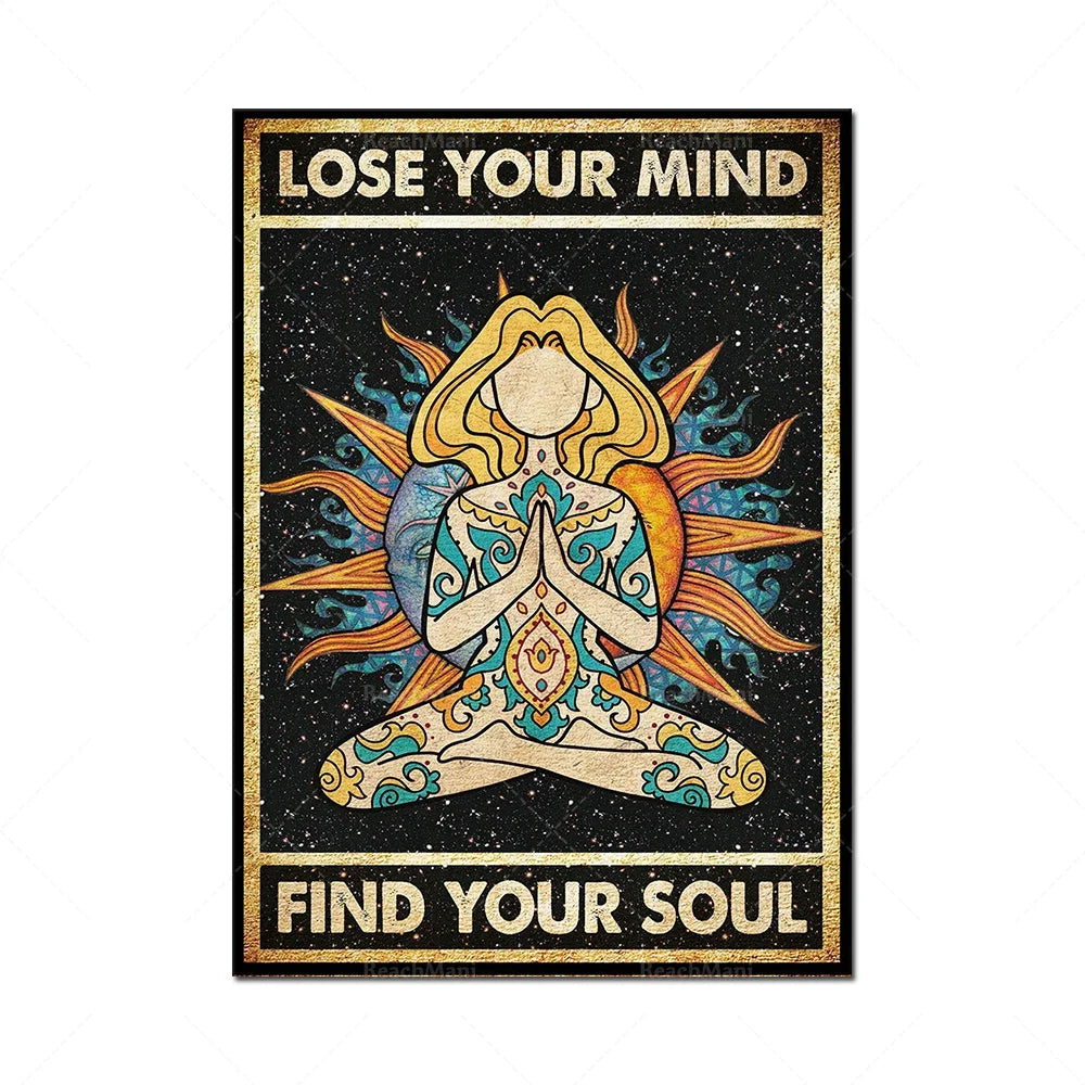 L'image représente un personnage méditatif aux motifs colorés et dorés sur un fond étoilé, avec le slogan "Perdez votre esprit, trouvez votre âme" écrit en lettrage doré.