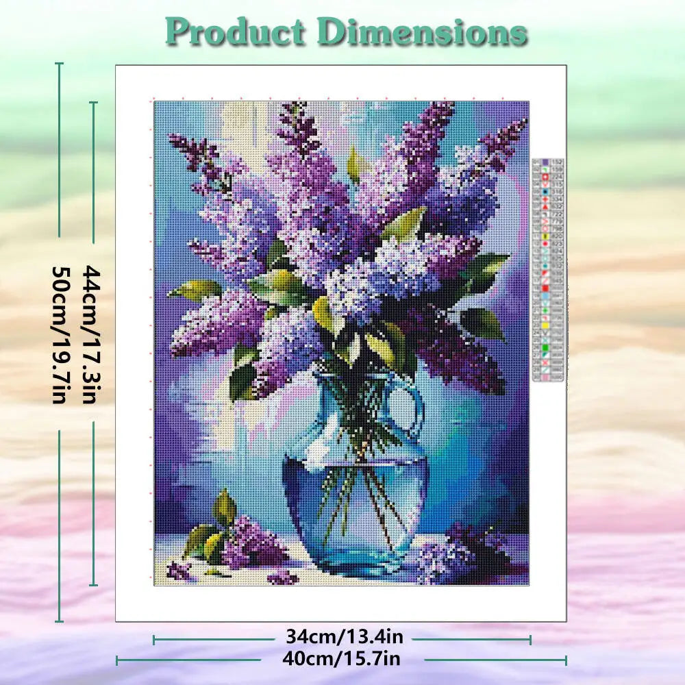 kit broderie diamant bouquet lilas vase verre bleu floral réalistes instructions violet lavender bleu