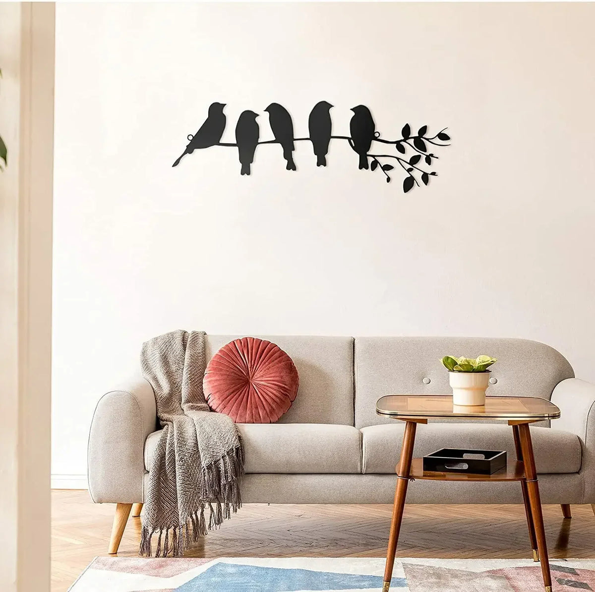 décoration murale oiseaux métal noir silhouettes minimaliste branchement feuilles 40cm