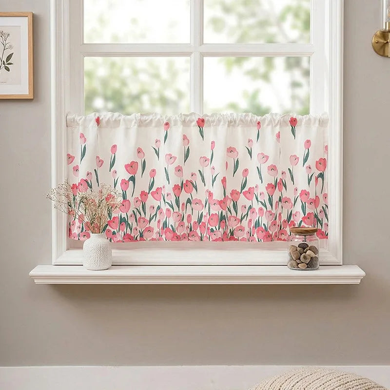 rideau floral papillon polyester semi transparent romantique naturel cuisine blanc violet vert rose bleu